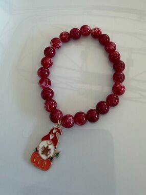 Gnome Charm Stretch Bracelet Handmade Red Beaded Fall Novelty Jewelry